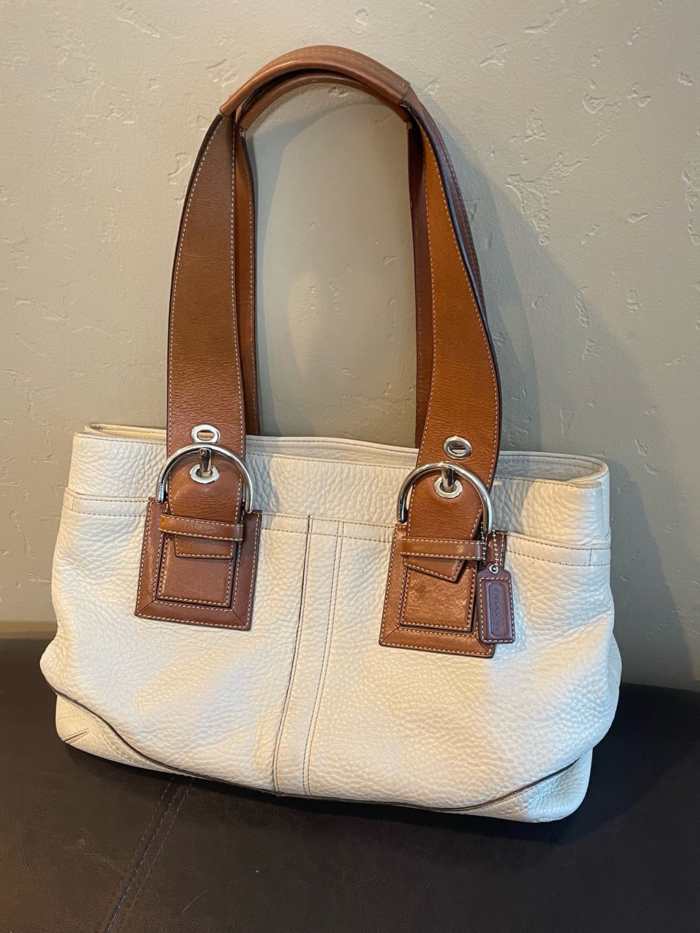 Coach soho Cream Brown Leather Tote Bag with Double buckle Handles leather